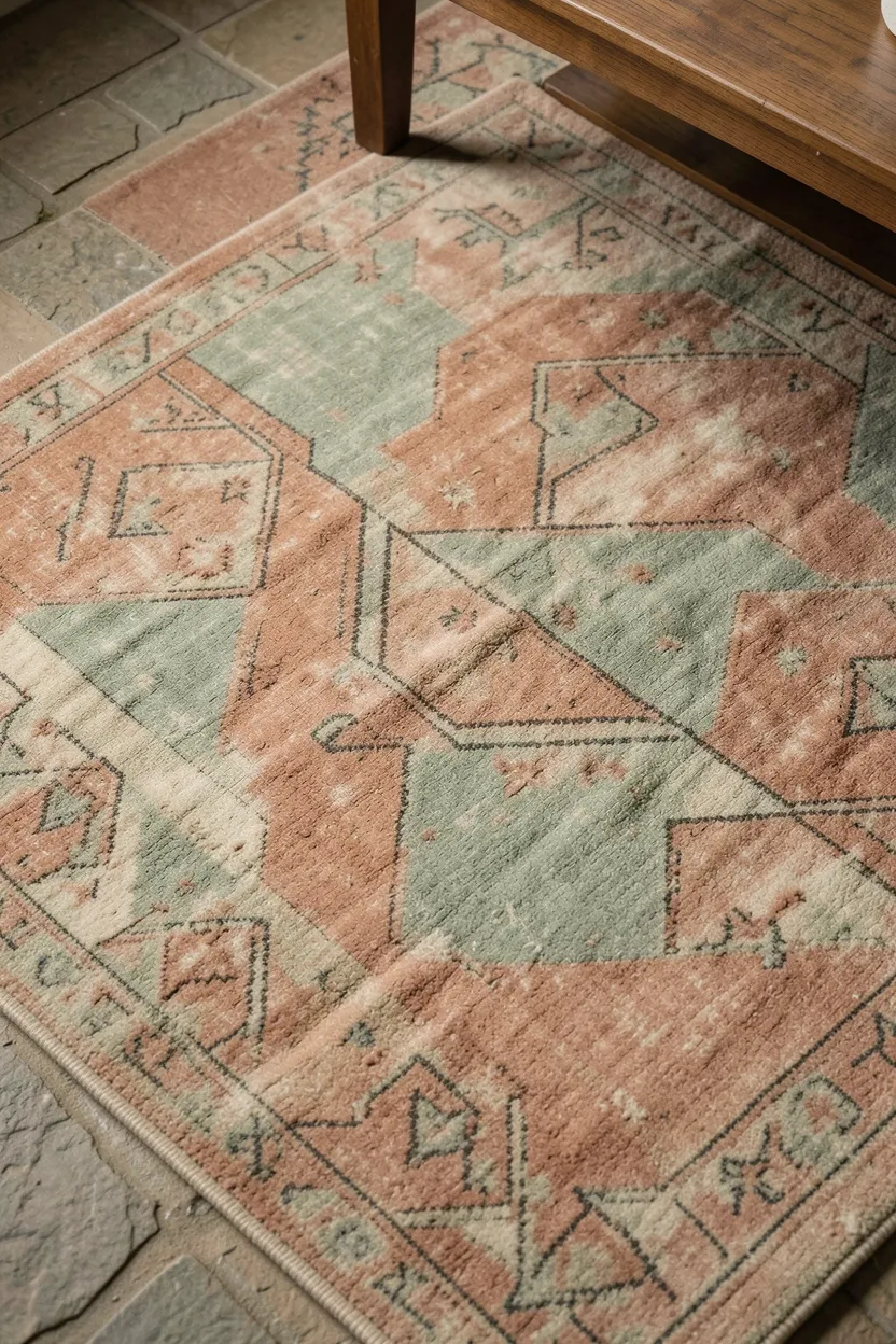 Faded vintage wool rug with worn patina in earthy terracotta and cream tones on a wood floor in a wabi sabi living room