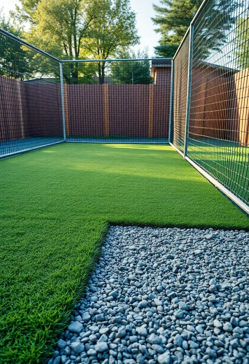 batting cage with artificial turf floor and gravel drainage base in backyard