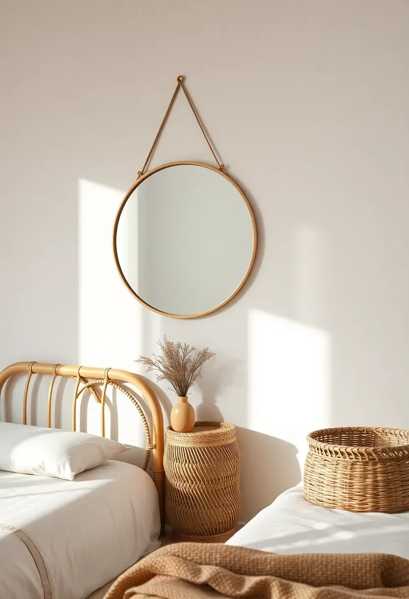 Hyper-realistic view of a minimalist boho bedroom featuring curved furniture silhouettes—an arched rattan headboard, round wall mirror, and cylindrical woven nightstand. Materials: natural rattan, light wood, glass mirror. Soft diffused light highlighting the curved forms. Balanced composition mixing straight and curved lines. Minimalist decor with negative space. No text, no logos, no watermarks.</p>