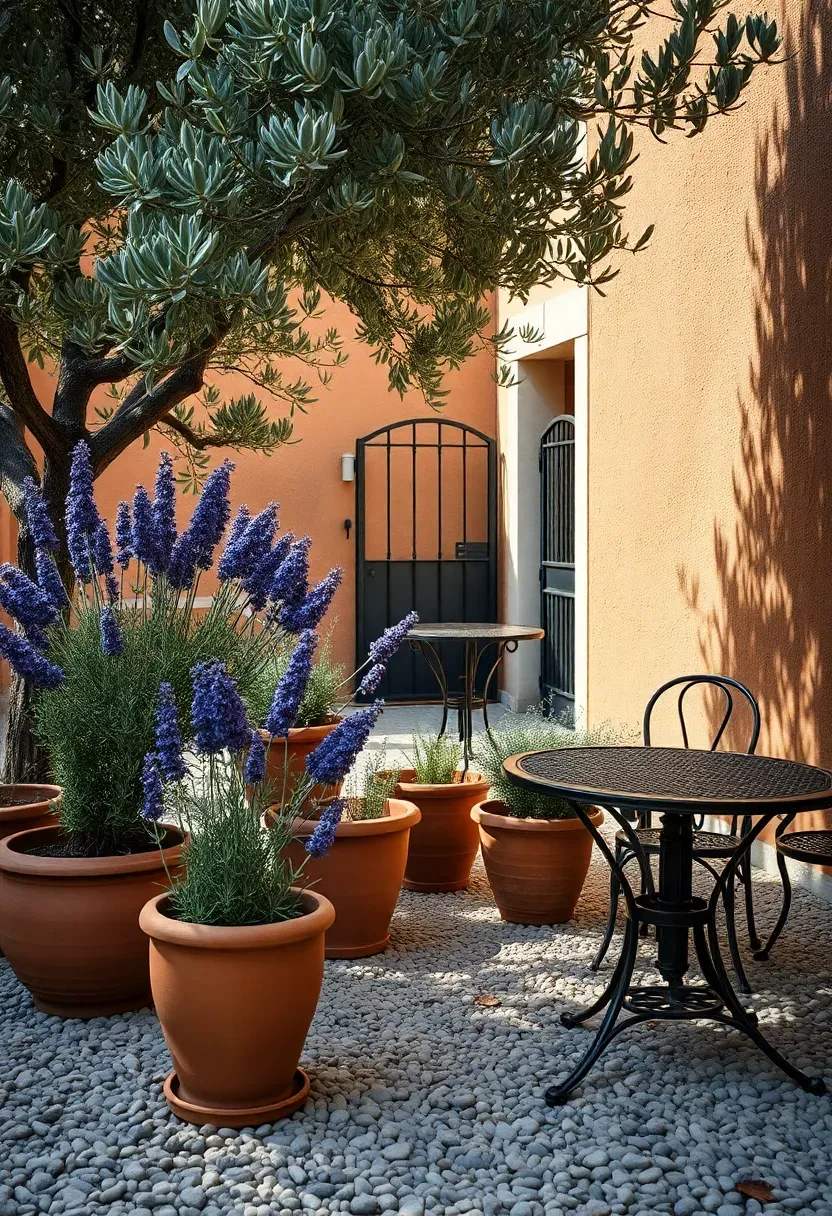 Mediterranean backyard with a gravel courtyard, terracotta pots of lavender, an olive tree, ochre-colored stucco walls, and wrought iron furniture