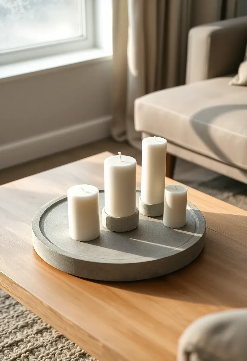 Minimalist round concrete tray with three white pillar candles of varying heights on a light oak coffee table in a neutral rental living room