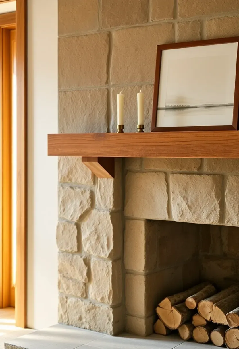 Living room fireplace with weathered natural stone surround and simple wooden mantel in a modern shabby chic interior