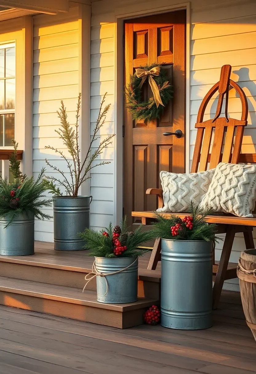 Hyper-realistic 3/4 view of a farmhouse front porch Christmas display with rustic charm. Materials: galvanized metal buckets at various heights on wooden steps filled with fresh pine branches, pinecones, and red berries, burlap ribbon wreath on a wood plank front door, vintage wooden sled leaning against white shiplap wall, chunky cream cable-knit pillows on a wooden bench. Warm golden hour sunset light (4200K) casting long shadows, wood plank flooring, white farmhouse exterior with black metal roof. Cozy country mood like Magnolia Home. Shallow depth of field, sharp texture details on burlap and wood, gathered asymmetrical composition. No text, no logos, no watermarks.</p>