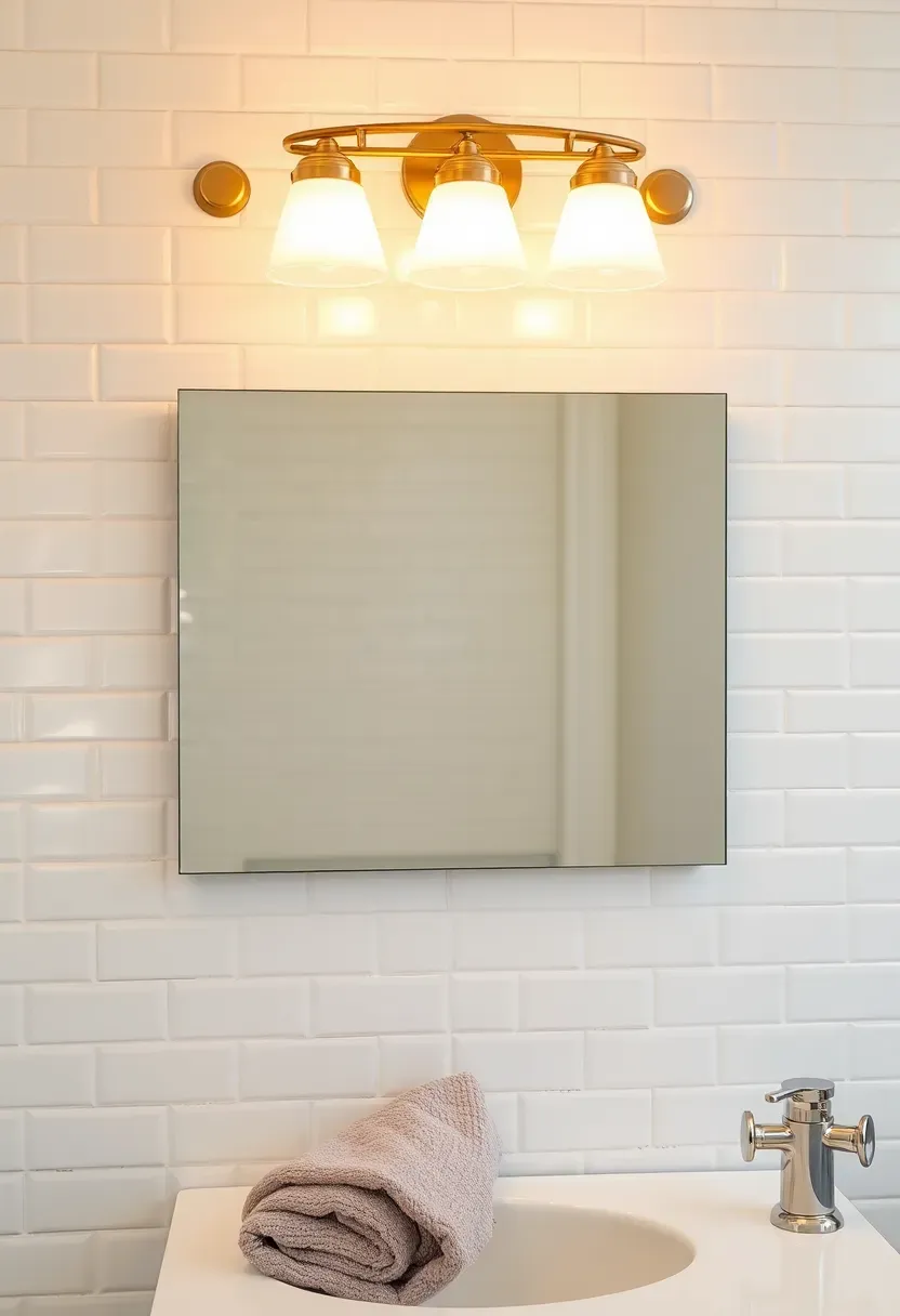 Brushed brass three-light vanity bar mounted above a rectangular mirror in a bathroom with white subway tile