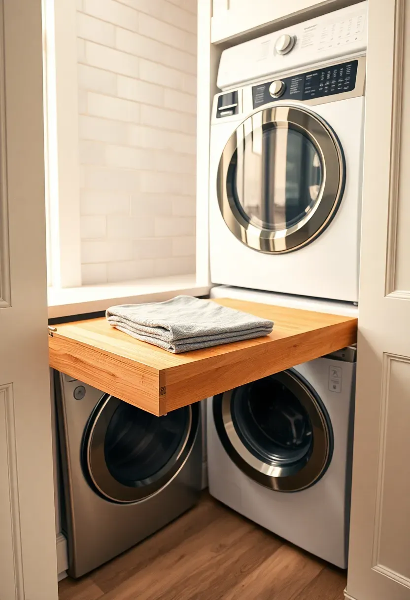 Pull-out wooden folding station extending from cabinetry beside a stacked laundry unit in a compact modern laundry room