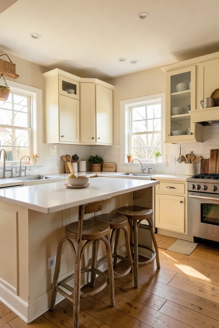 L-shaped farmhouse kitchen with a breakfast bar overhang and two wooden barstools, maximizing small kitchen seating