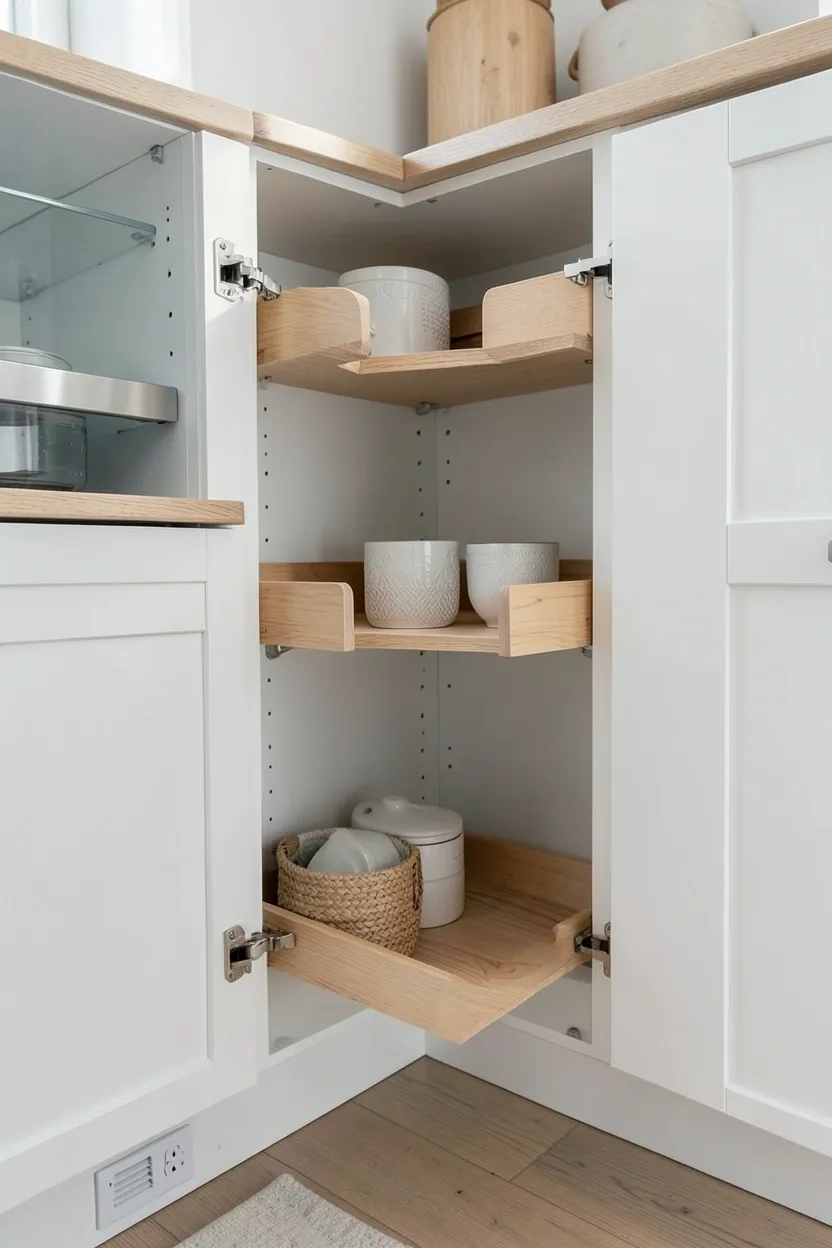 Pull-out corner cabinet with Le Mans kidney-shaped shelves maximizing storage in a Scandinavian kitchen