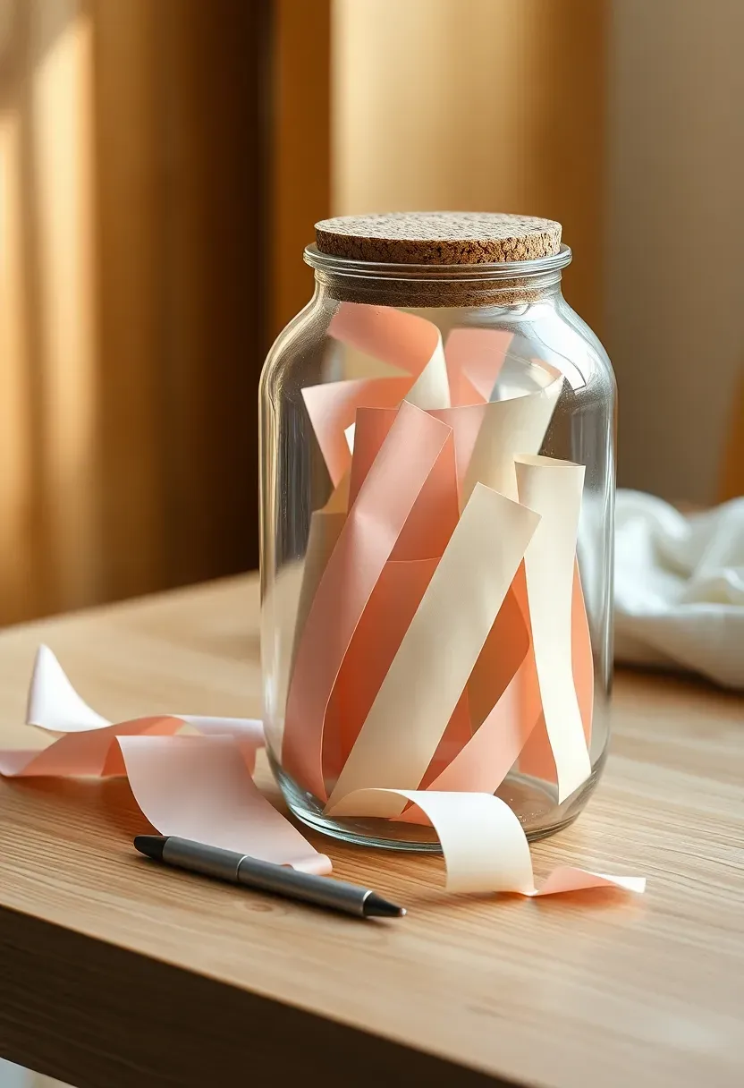 baby shower wish jar on a decorated table with folded pastel paper notes inside a large glass jar beside a pen holder flower arrangement and a small sign reading wishes for baby