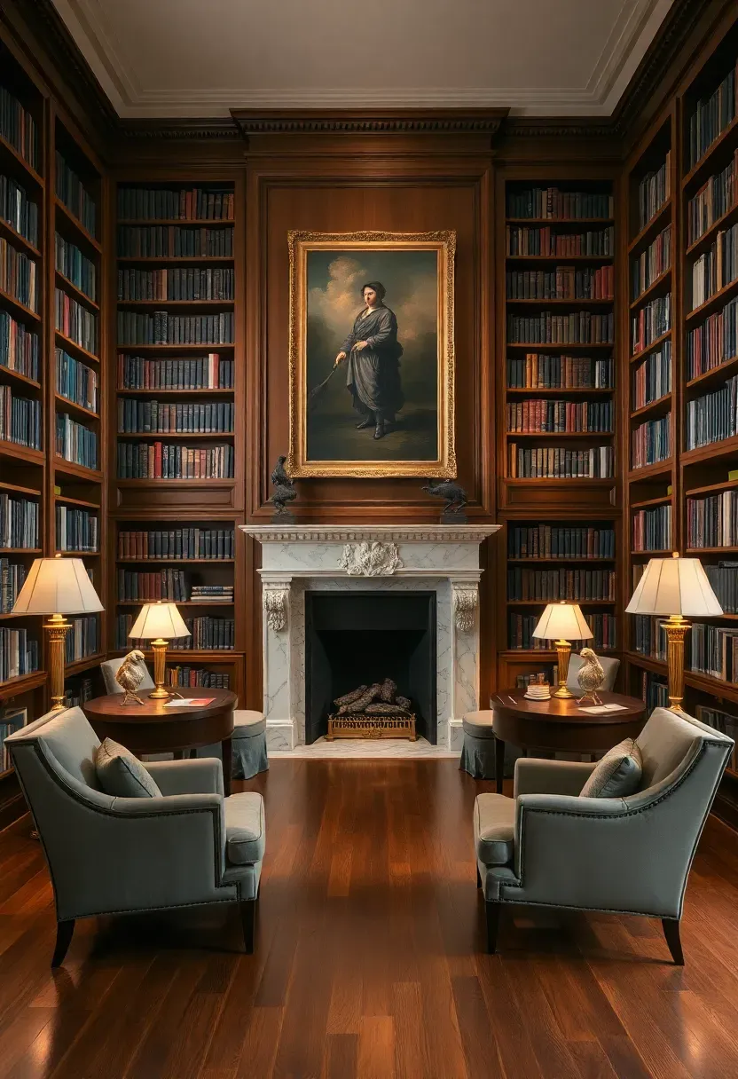 Hyper-realistic straight-on view of a symmetrical formal library with a marble fireplace centered between identical floor-to-ceiling bookshelves. Matching armchairs face each other across the fireplace, identical table lamps on matching side tables, a large oil painting above the mantle. Books arranged with careful symmetry on shelves. Materials: walnut wood, marble fireplace, brass lamps, oil painting, upholstered armchairs. Warm balanced light from lamps and fireplace glow. Formal harmonious mood like a well-appointed estate library. Sharp details, perfect symmetry, no clutter.</p>