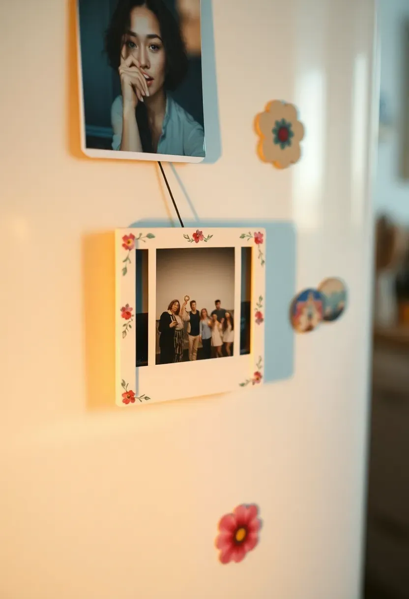 miniature photo frame magnet with a decorative floral border on a refrigerator displaying a polaroid baby shower photo