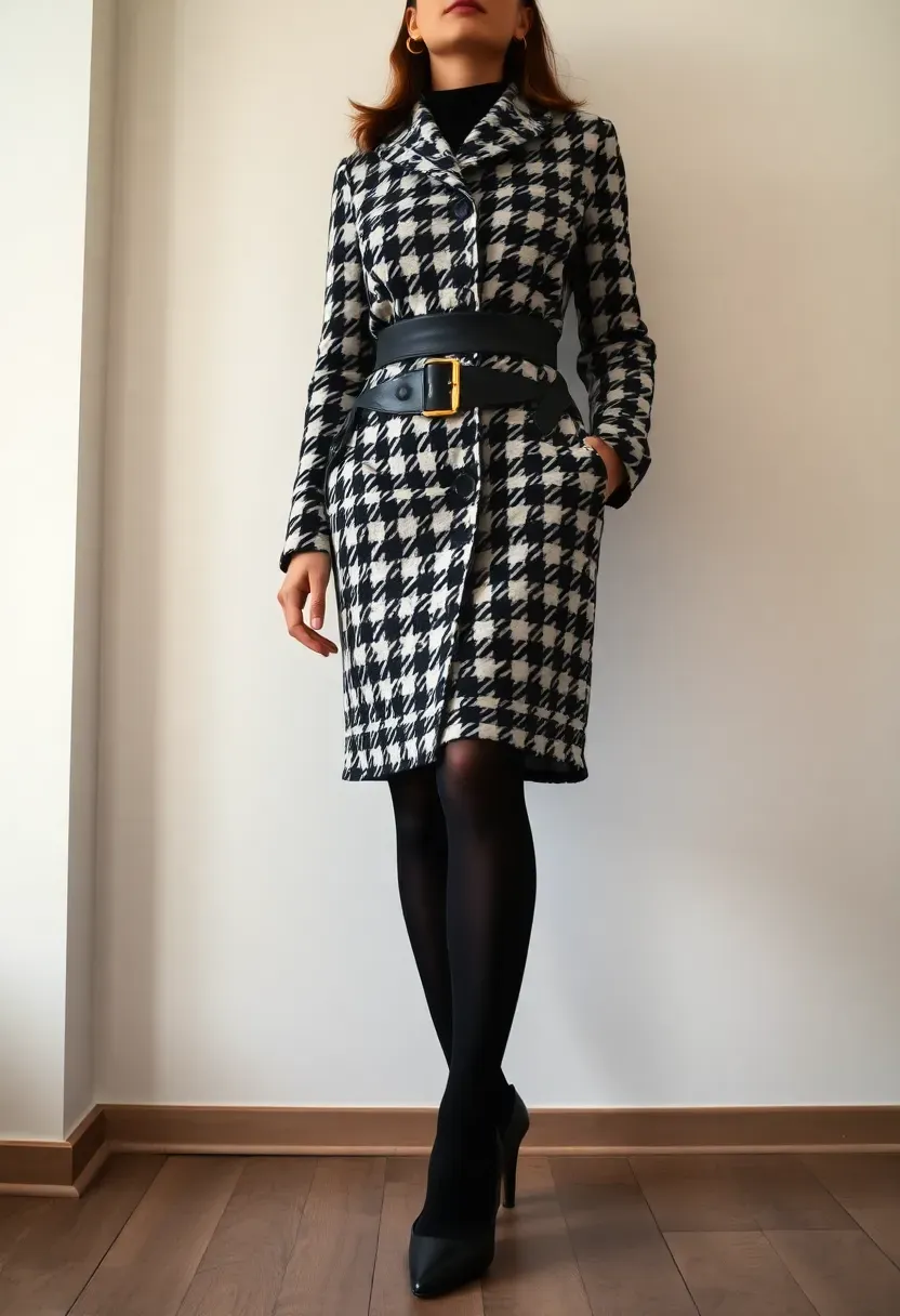 classic houndstooth coat dress with black heels and minimal accessories at a winter celebration