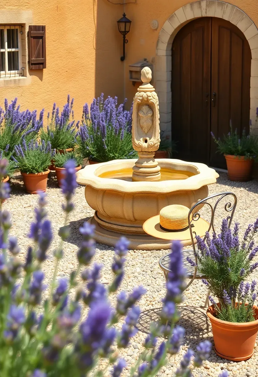 Gravel courtyard with a central stone fountain surrounded by lavender and rosemary plantings in a Mediterranean backyard oasis