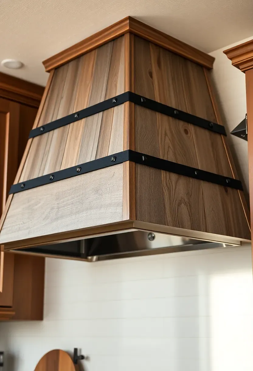 custom rustic wood range hood cover with metal strapping in a barndominium kitchen