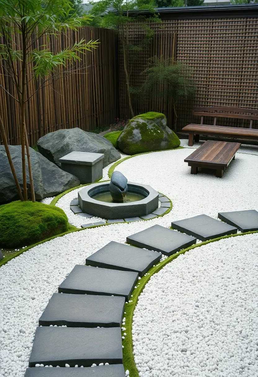 Tranquil Japanese tea garden patio with raked gravel, stepping stones, a bamboo water fountain, moss-covered rocks, and a low wooden tea bench