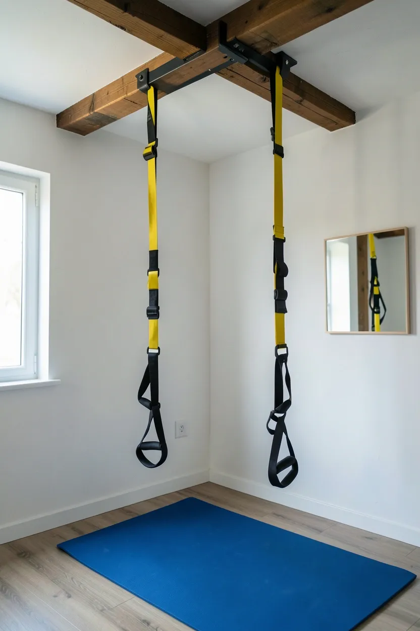 Suspension trainer straps anchored to a doorframe in a compact apartment room — portable full-body workout station for renters