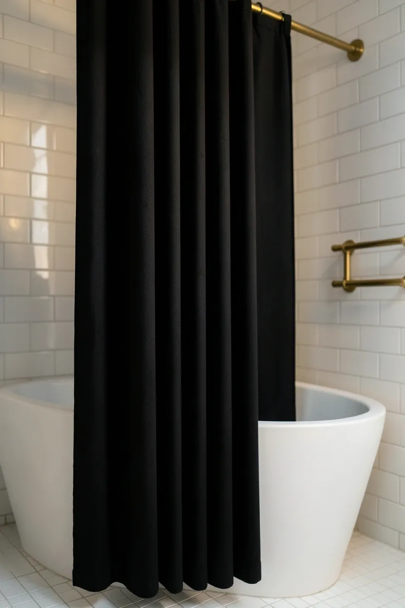 Black-framed glass shower enclosure with matte black hardware creating bold architectural lines