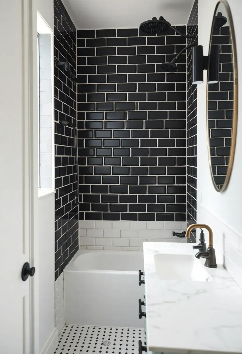 Black subway tile wall with bright white grout lines and white fixtures in a modern monochrome bathroom