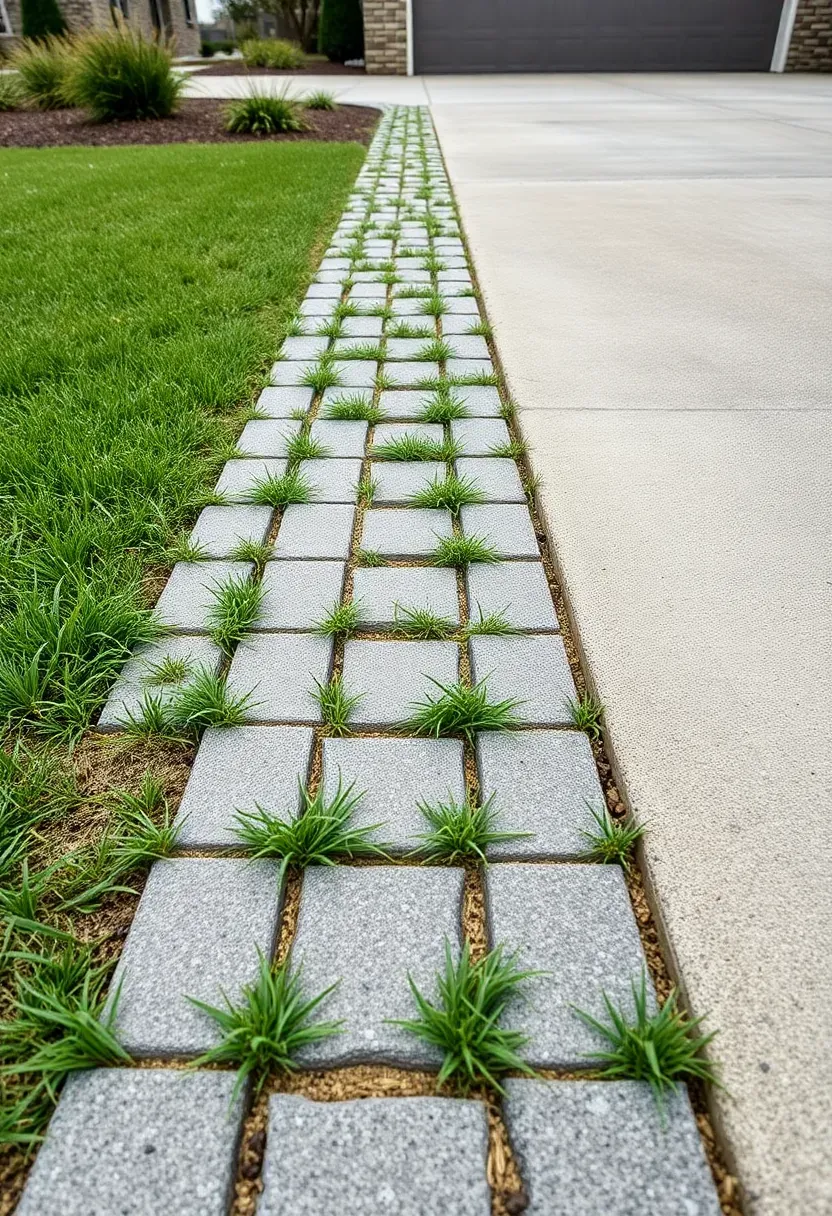A permeable paver driveway extension with grey interlocking pavers and grass growing through open joints beside a concrete main driveway