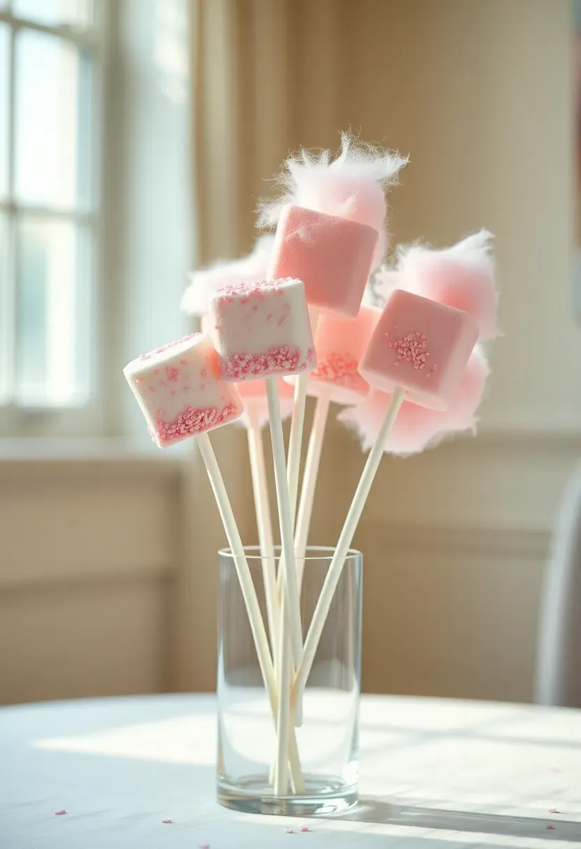 pastel pink cotton candy wrapped around marshmallow lollipop sticks displayed in a clear glass vase at a baby shower