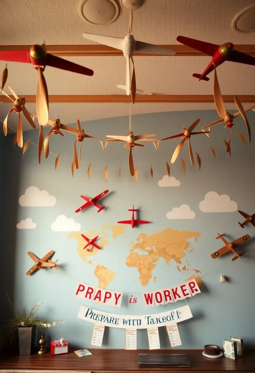 vintage airplane baby shower with propeller garland clouds and old world map accents