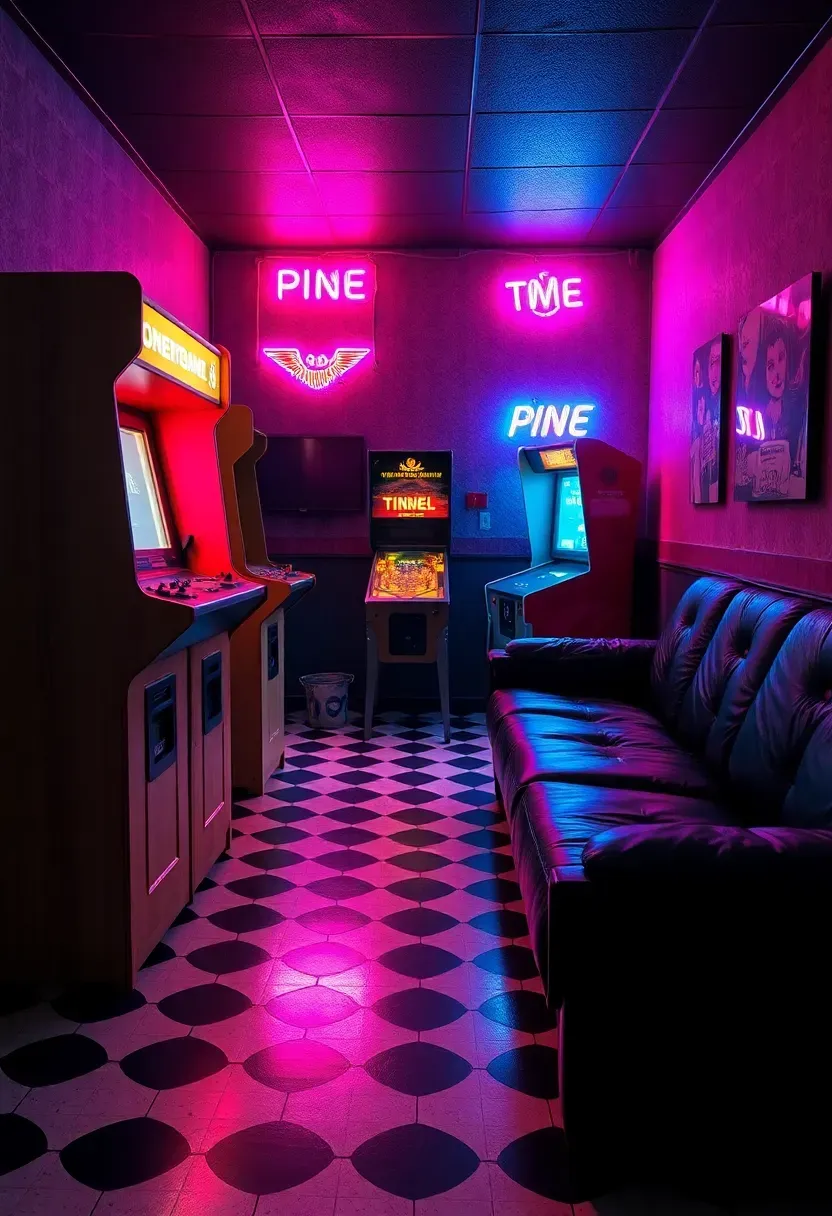 Retro arcade den with classic pinball machines, vintage arcade cabinets, neon signage, checkerboard flooring, and colorful LED accent lighting