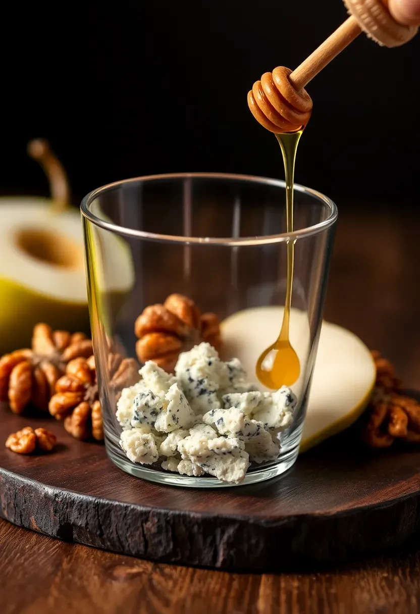 Blue cheese and walnut charcuterie cup with honey and pear slices