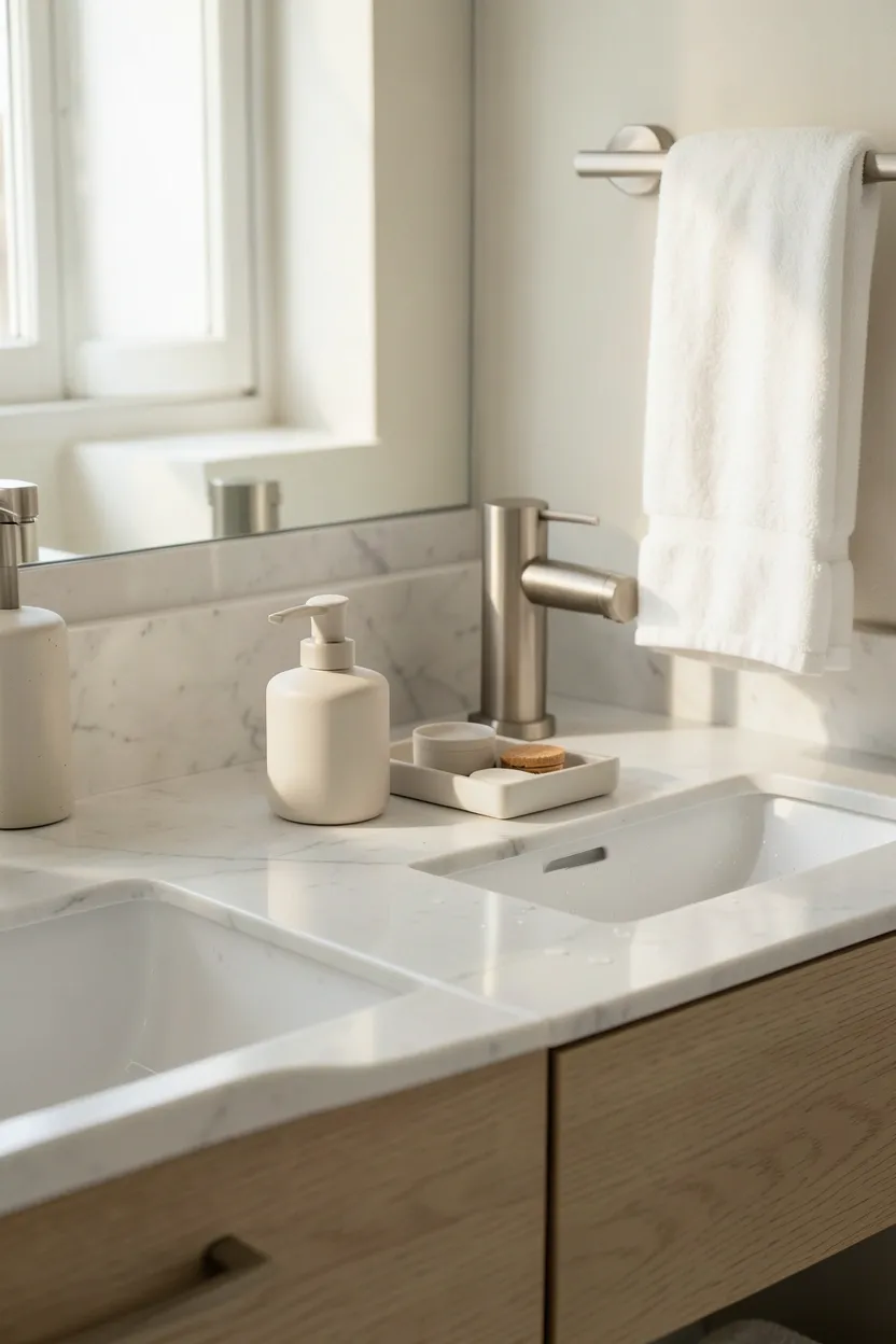 Curated set of ceramic soap dispenser, tray, and minimalist accessories on a clean marble vanity surface