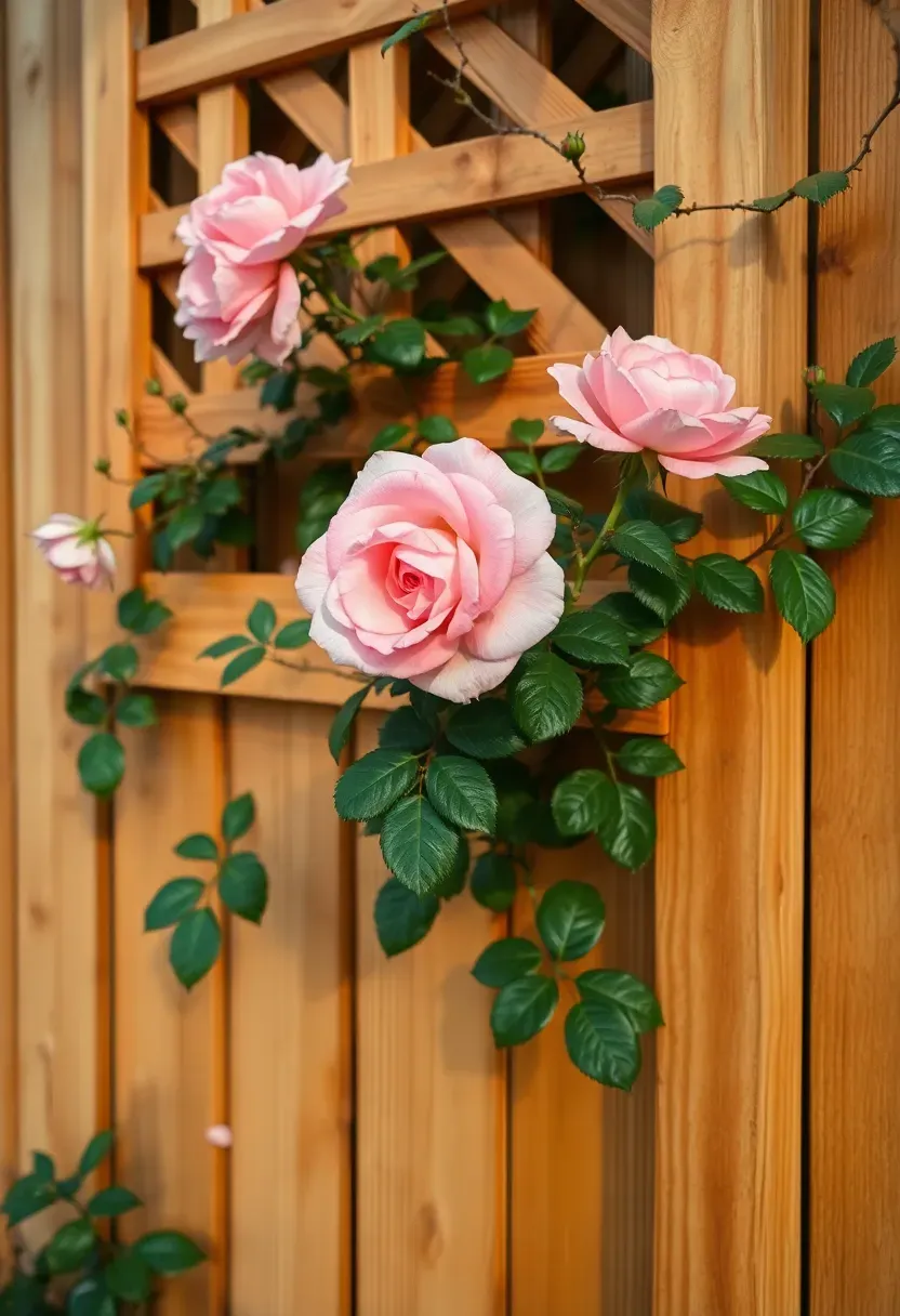 A wooden garden trellis attached to a fence with pink climbing roses growing halfway up its lattice structure