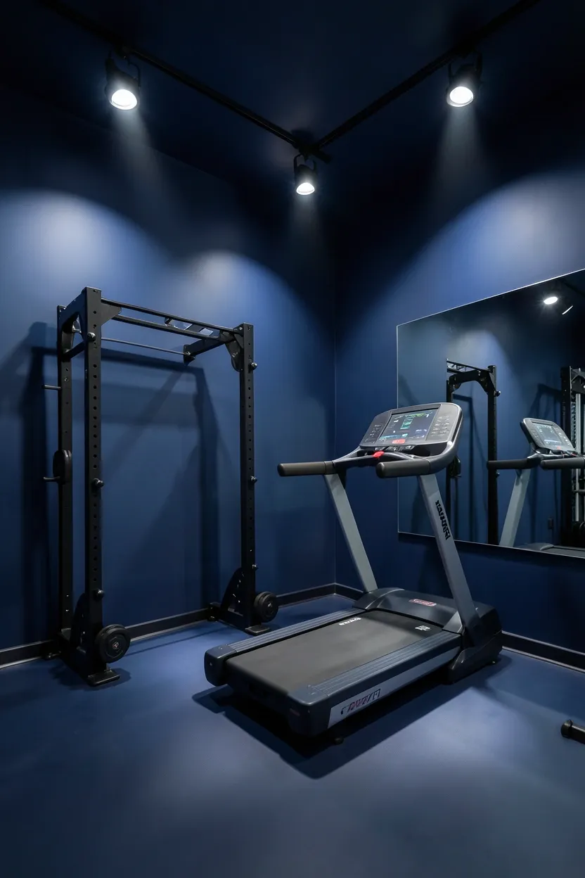 Navy blue home gym fitness room with adjustable track spotlights highlighting the weight rack and mirror