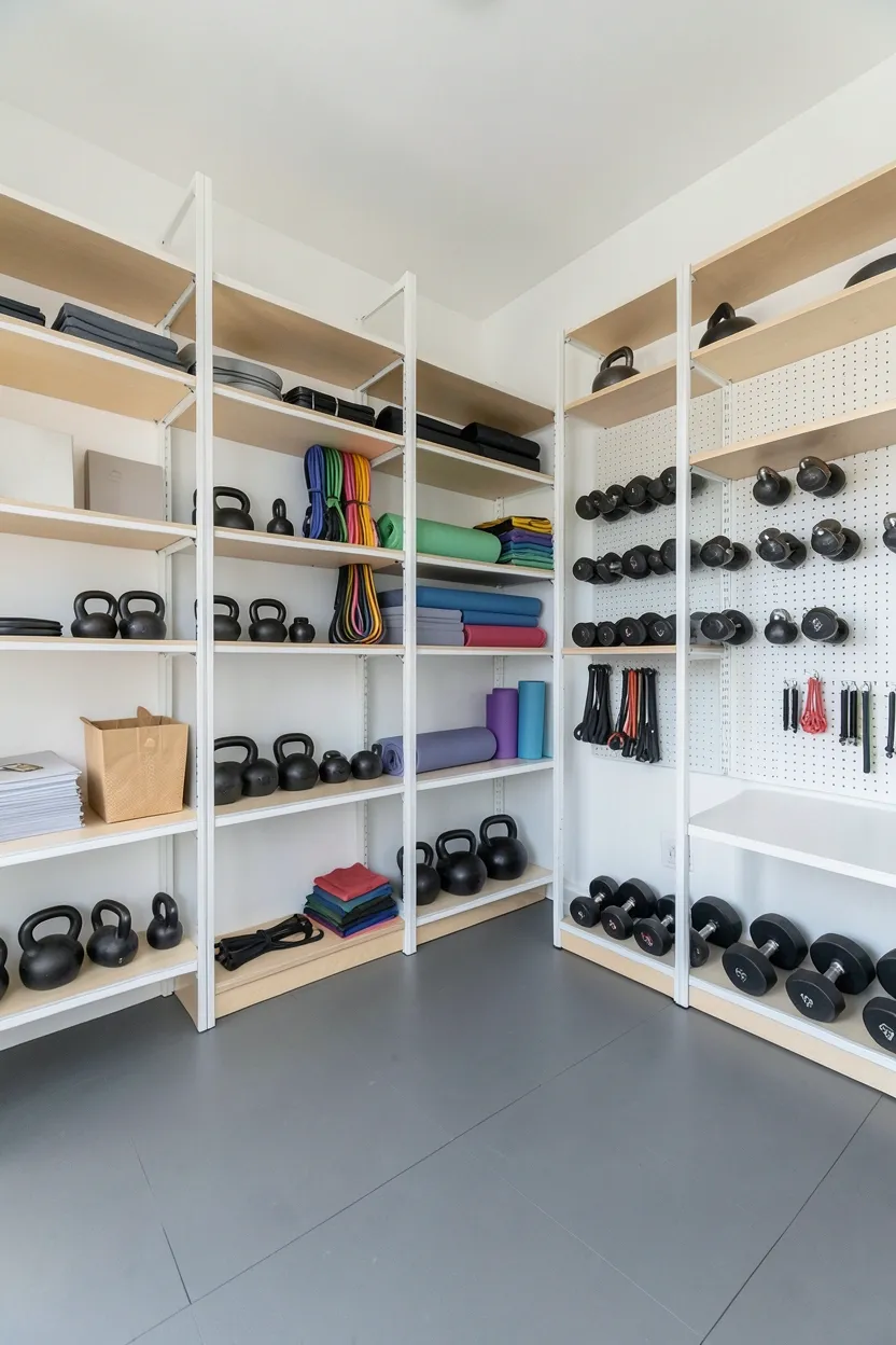 Floor-to-ceiling pegboard vertical storage system with dumbbells, resistance bands, and foam roller hooks in a compact home gym room