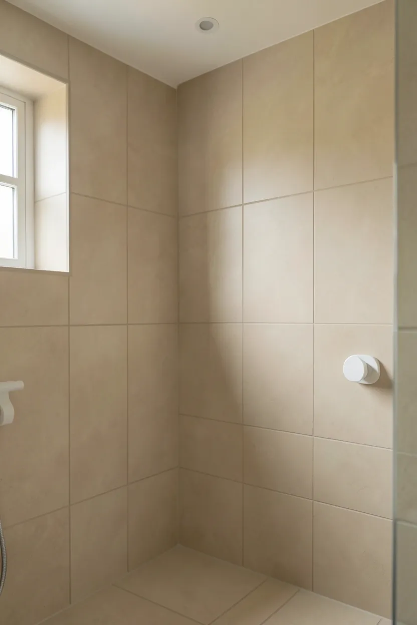 Soft beige large-format tiles on bathroom floor and walls creating a serene neutral backdrop