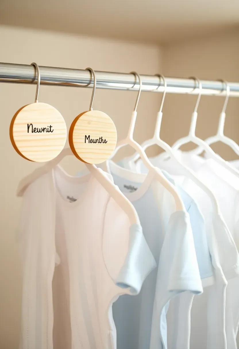 close-up of a baby closet rod with round divider tabs labeled by clothing size from newborn to 12 months