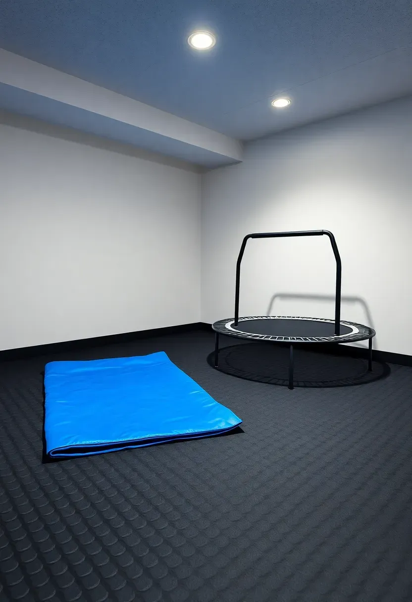 basement playroom corner with rubber gym flooring tumbling mats and mini trampoline