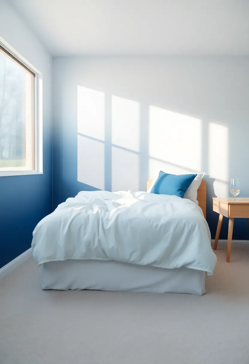 Serene bedroom with an ombre gradient accent wall transitioning from deep midnight blue at the bottom to pale sky blue at the ceiling