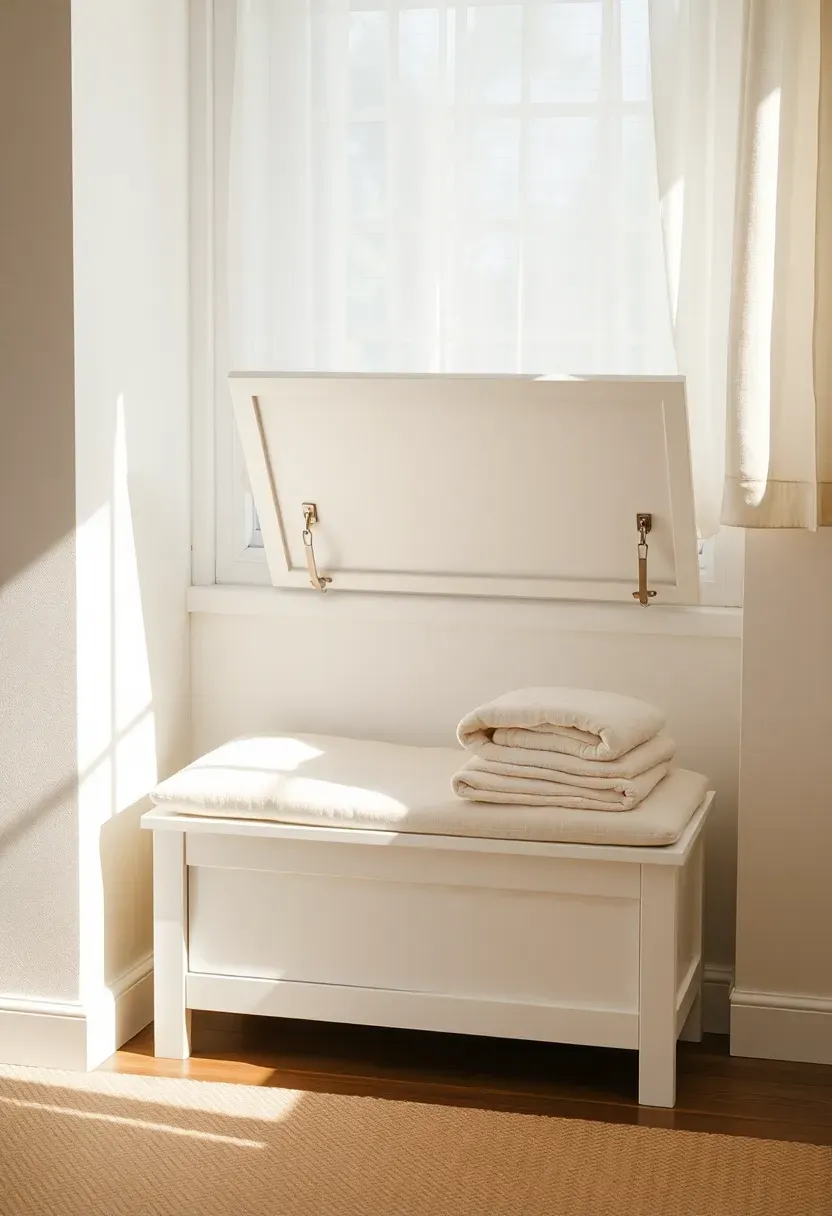 window seat with hinged storage lid in small baby boy nursery doubling as seating and hidden storage