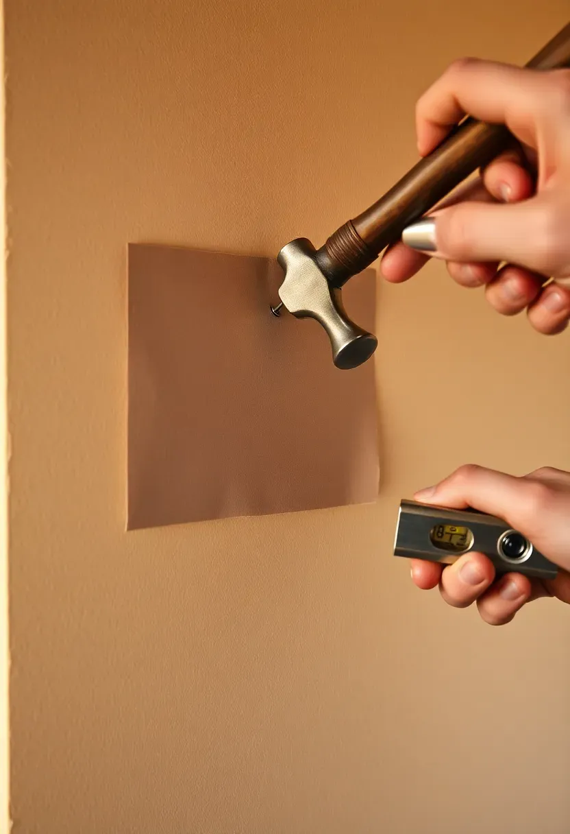 Hands hammering a picture hook nail through a kraft paper template on a wall — anchor piece installation, level visible beside the frame, warm interior light