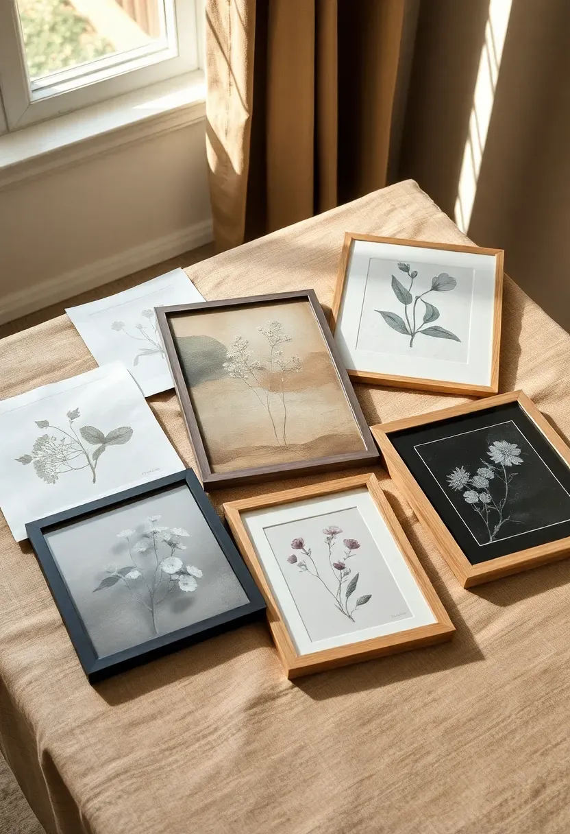 Tabletop spread of art selection — botanical prints, abstract monoprints, two black-and-white photographs, and a small pressed-flower frame arranged loosely to assess tonal and subject variety