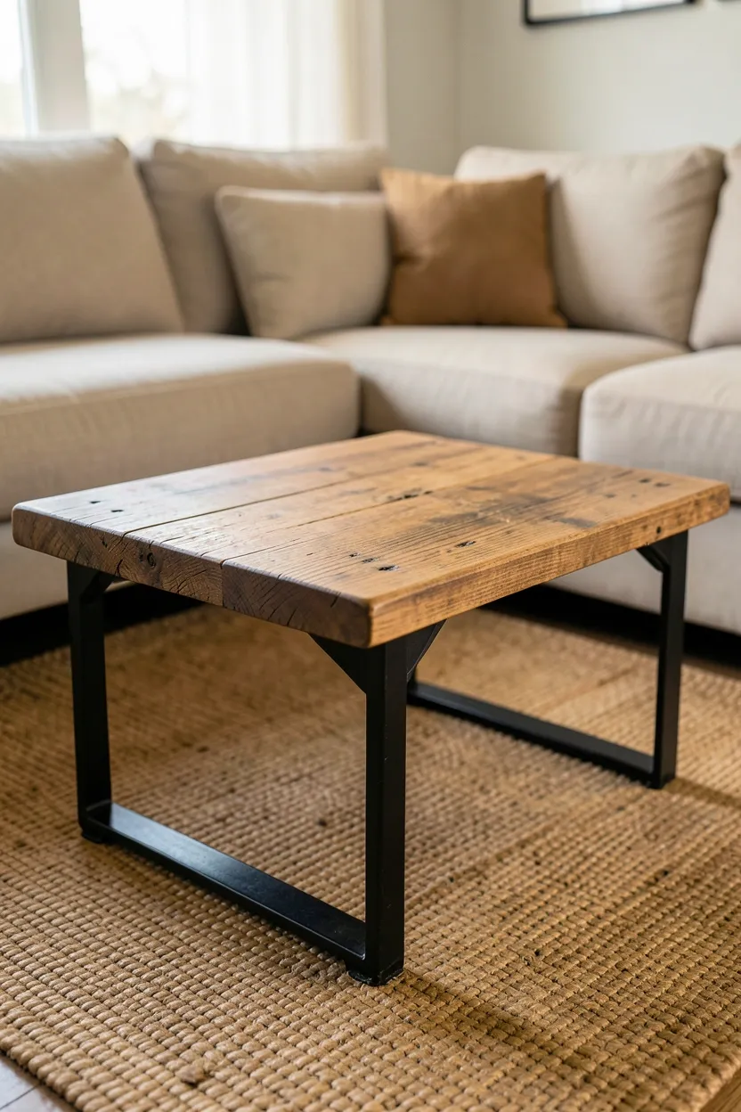 Reclaimed wood top coffee table with black iron legs on a jute rug in a modern rustic living room