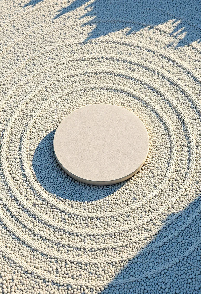 Freshly raked zen garden gravel with precise parallel lines and concentric oval sand patterns encircling a central flat granite stone, viewed from above