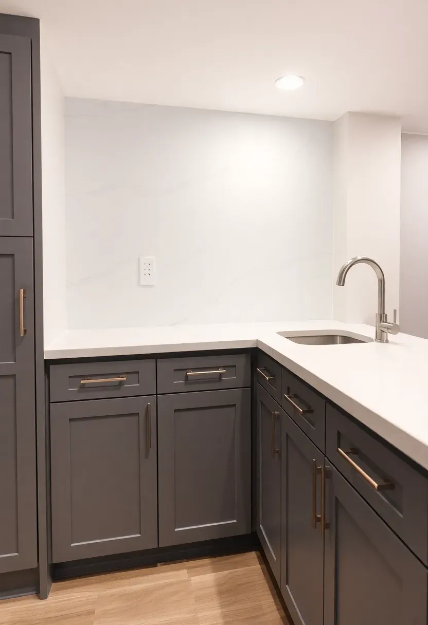 modern basement wet bar with white quartz waterfall countertop flowing down the side panel with integrated sink