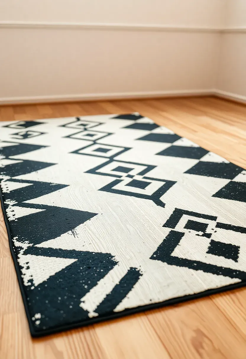 Painted geometric rug design in navy and white directly on hardwood floor in a teen bedroom — budget alternative to area rugs