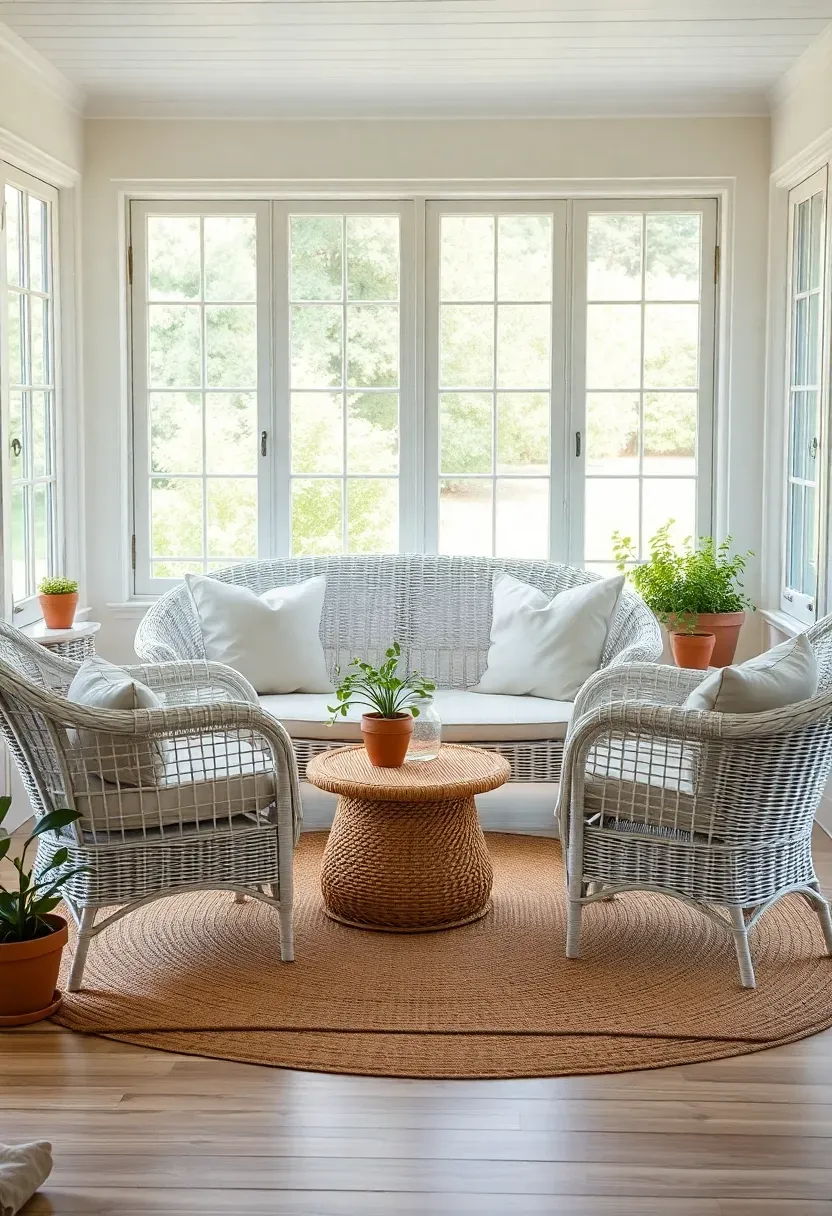 Vintage-style whitewashed wicker sofa and two armchairs with natural linen cushions in a sunlit farmhouse sunroom with plants and wooden accents