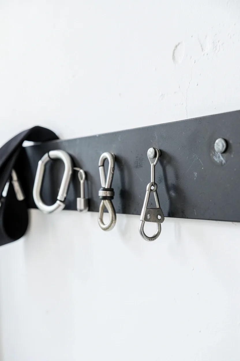 Industrial magnetic wall strip holding metal resistance band handles and carabiners in a home gym — small item storage with a modern look