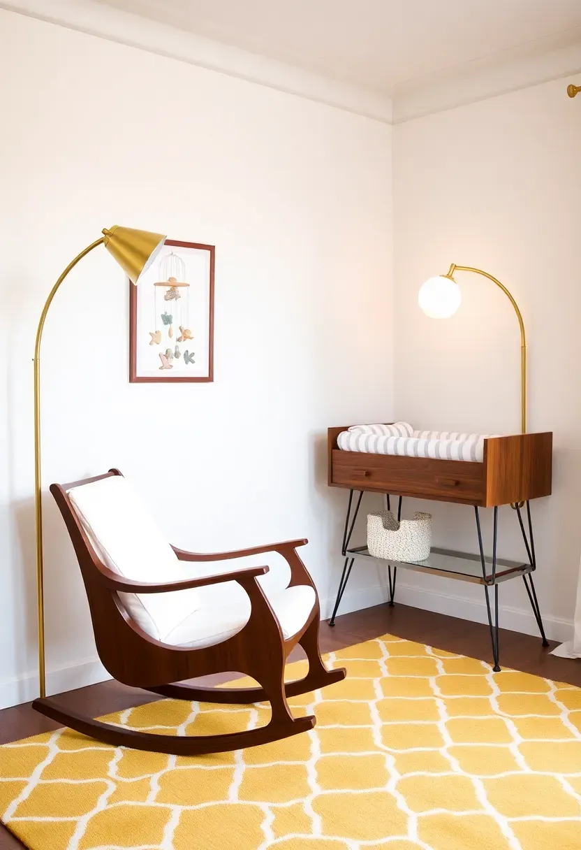 Mid-century modern nursery corner with walnut furniture and retro styling