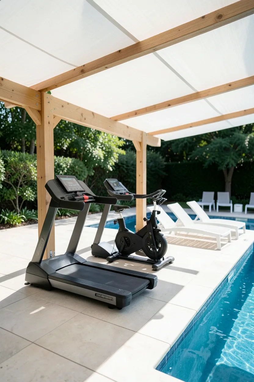 Poolside exercise zone with pergola canopy, weather-resistant treadmill, yoga deck area, and outdoor shower access
