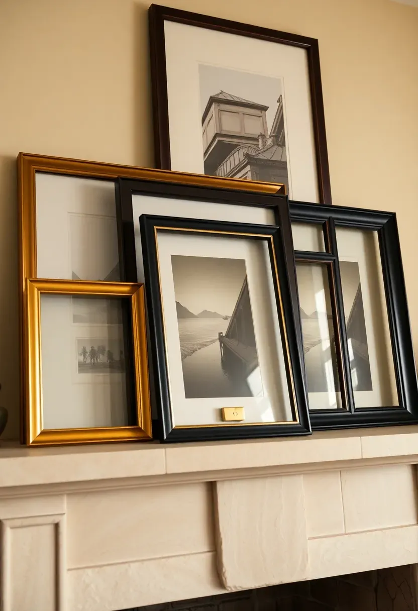 Layered frame arrangement with overlapping gold and black frames above traditional fireplace mantel