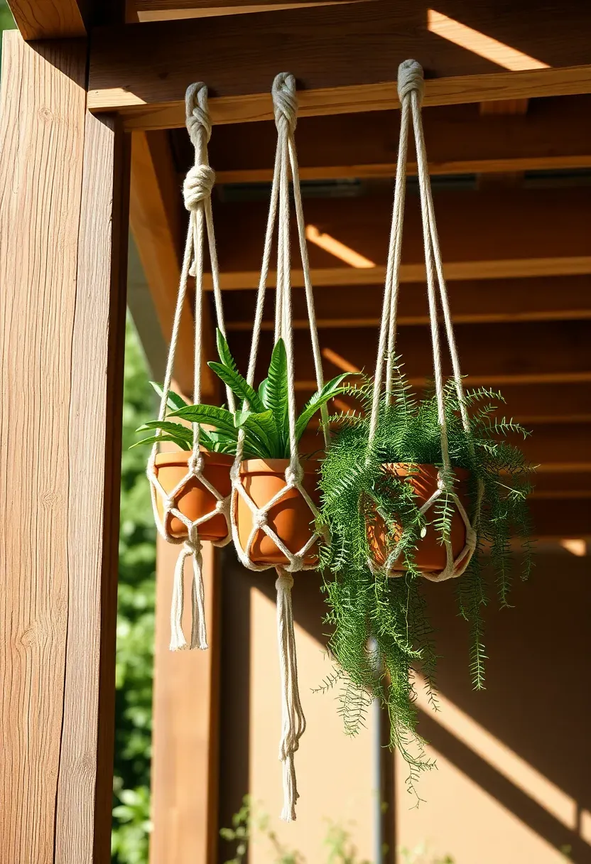 Three macramé plant hangers in natural cotton cord holding trailing ferns suspended from a wooden pergola beam