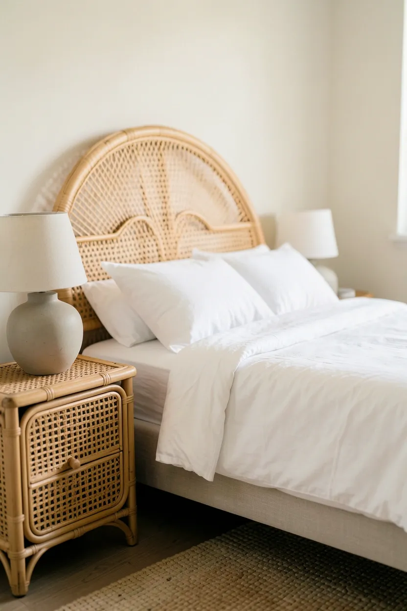 Boho bedroom with natural rattan headboard, rattan nightstands, jute rug, and white linen bedding in a light airy rental bedroom