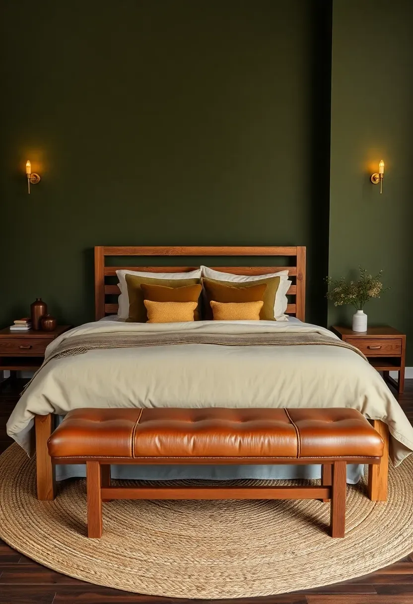Hyper-realistic wide shot of a moody bedroom with olive drab green walls, queen bed with oatmeal linen duvet and olive wool pillows, wood bed frame in reclaimed pine, leather bench at foot of bed, brass wall sconces. Visible room context with jute rug, dark wood floors. Materials: matte olive paint, oatmeal linen, olive wool, reclaimed pine, brown leather, brass. Warm amber lighting from sconces, earthy shadows. No text, no logos, no watermarks.</p>