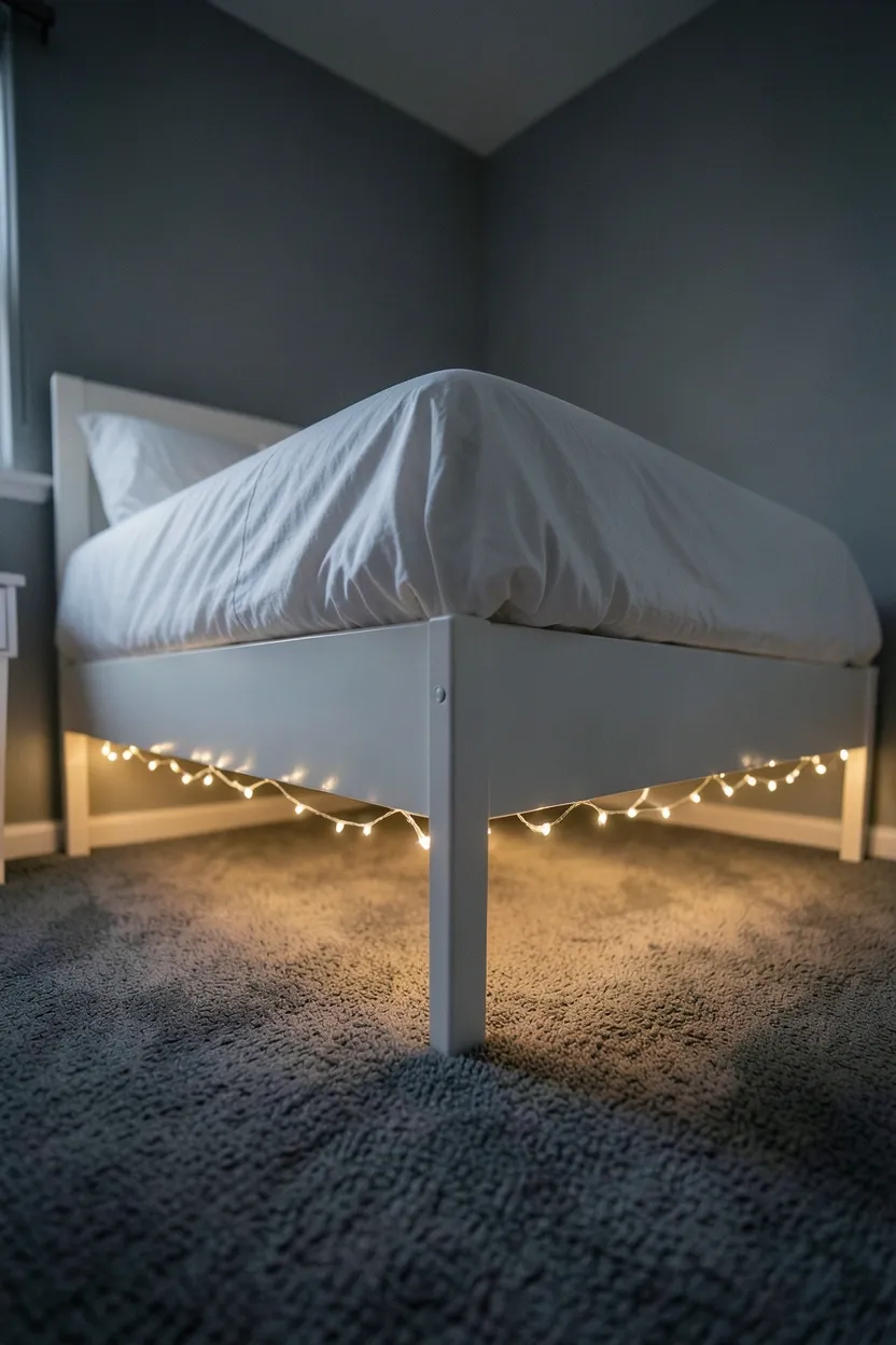 Hyper-realistic low-angle photograph of a bedroom showing a white bed appearing to float above the floor. Warm white fairy lights hidden beneath the bed frame creating a soft, diffused glow on the carpet below. Grey walls, dark room ambiance. Materials: white bed frame, warm LED lights, grey carpet. Magical ethereal mood. Shallow depth of field, sharp details on light glow and bed base. No text, no logos, no watermarks.</p>